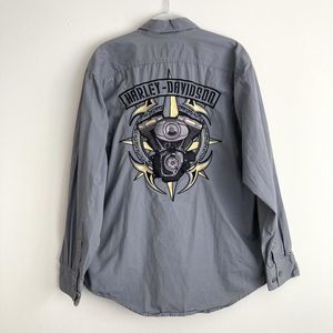 Harley Davidson Gray Embroidered Pocket Snap Button Down Shirt Size Medium